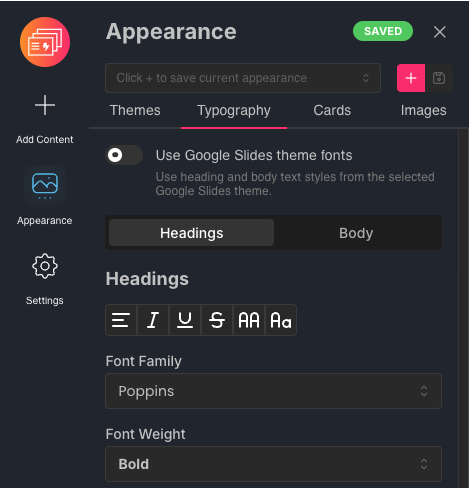 Presentation typography and styling controls